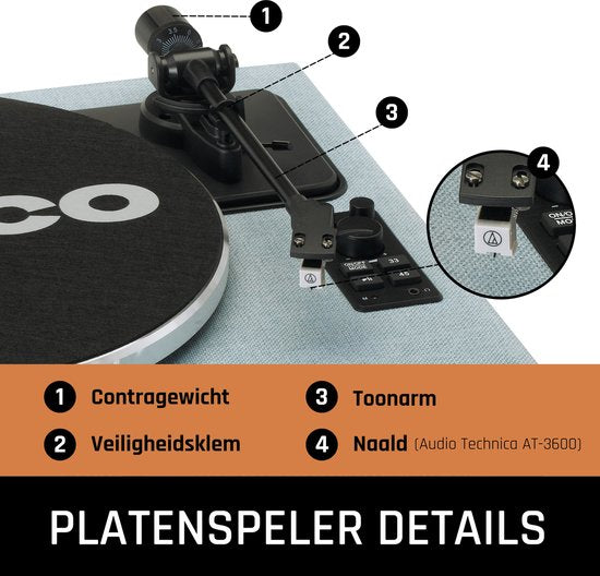 Lenco Record Player avec Bluetooth - Quatre haut-parleurs intégrés 40W RMS - LS-440BUBG - Bleu Gris