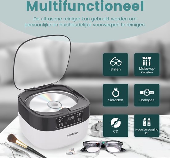 Samako Nettoyeur à Ultrasons Professionnel - Appareil de Nettoyage - Bain à Ultrasons - Lunettes - Bijoux - Montre - Pinceau de Maquillage - 750 ml