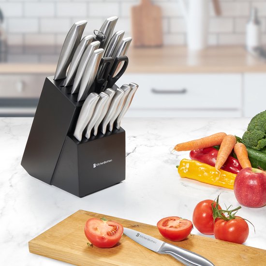 KitchenBrothers Set de couteaux de 16 pièces - avec ciseaux et acier d'affûtage - Argent/Acier inoxydable