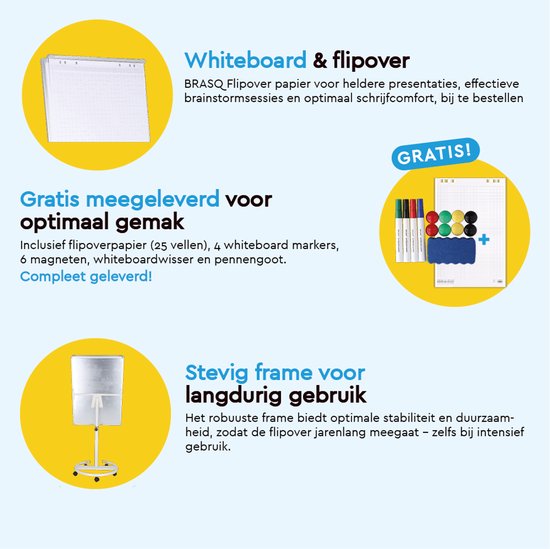 BRASQ Flipchart Mobile Deluxe - 70x100 cm - Tableau blanc ajustable - 25 feuilles de papier et accessoires inclus - avec bras extensibles - Tableau magnétique avec crochets - Tableau magnétique - Blanc