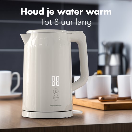 KitchenBrothers Bouilloire - 1.7L - Avec contrôle de la température - Électrique - Fonction maintien au chaud - Affichage - Double paroi - Cool-touch - 2200W - Beige