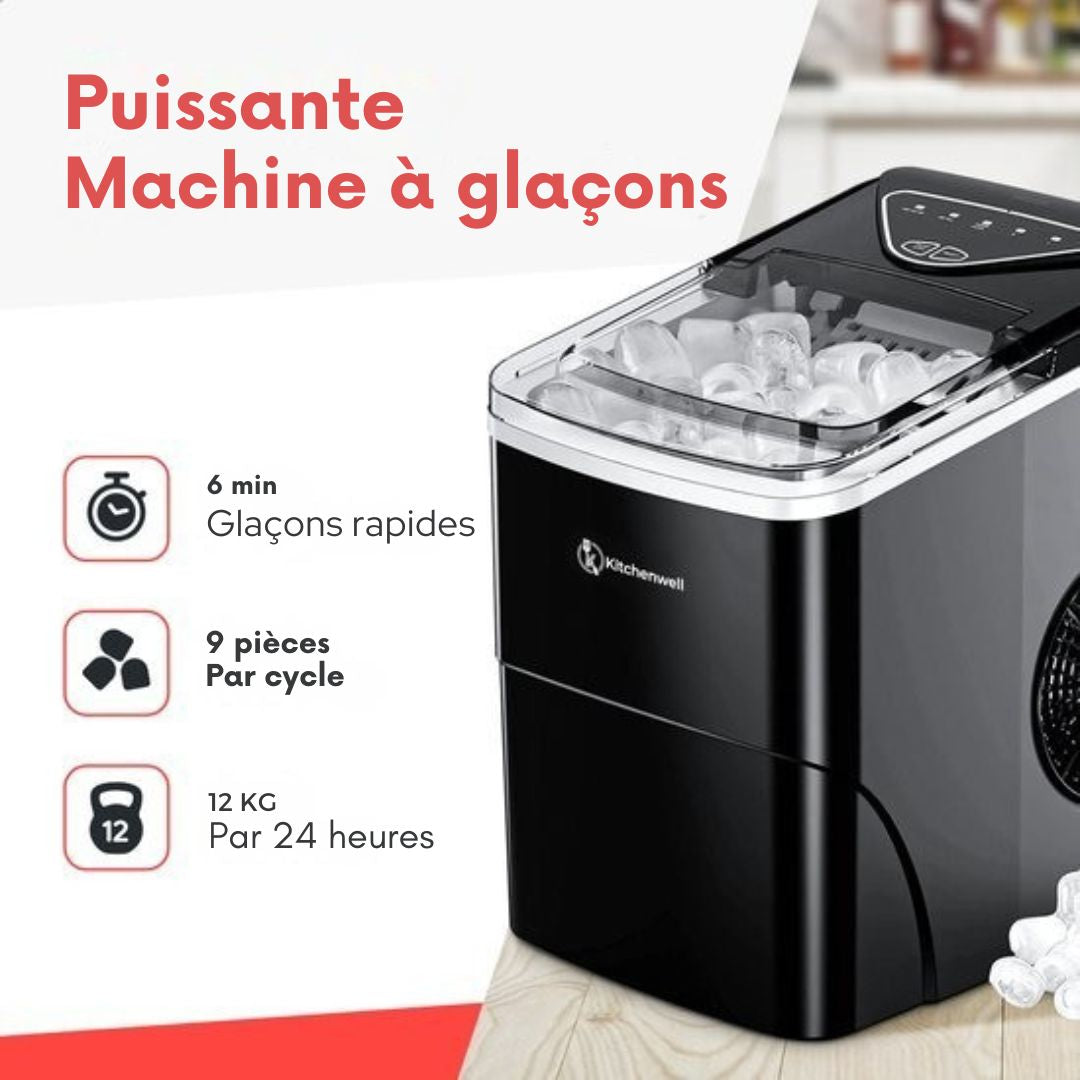 Machine à glaçons Kitchenwell - 2L - avec pelle à glace - 12kg/24 heures - Fonction auto-nettoyante - Noir