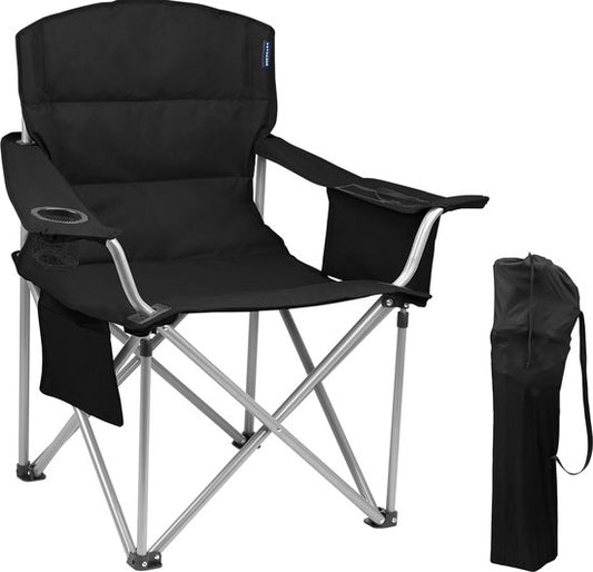 TRVLMORE Chaise de camping - Pliable - Chaise pliante confortable - Capacité de charge de 150 kg - Porte-boisson - Compartiment pour glacière - Poche latérale - Noir