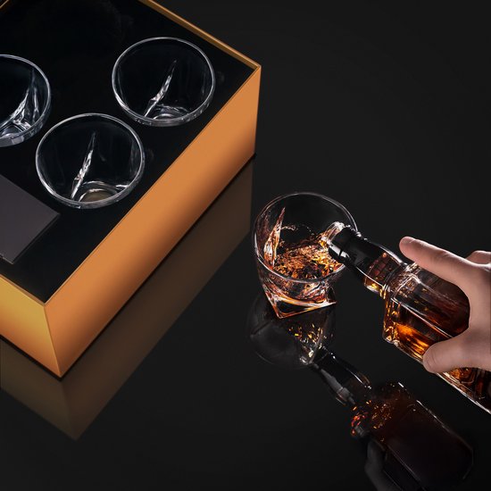 BarDeluxe® Whiskey Set - 4 verres en cristal faits main 325 ml - Coffret de luxe avec moule à glaçons et boîte de rangement - Idéal comme cadeau Whisky