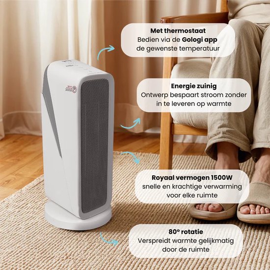 Gologi Ventilateur avec thermostat - Poêle électrique - Chauffage - Chauffage - Avec app et Touch Control - 1500W