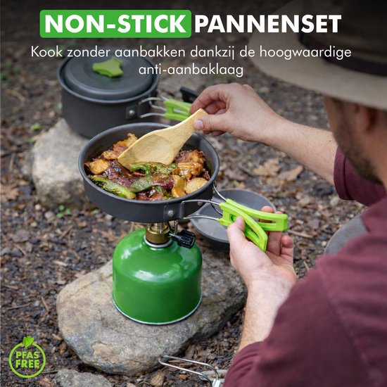Travelhawk Batterie de cuisine de camping - Batterie de casseroles - Aluminium - 8 pièces - Batterie de casseroles de camping - Comprend une éponge, une spatule, une cuillère, des bols et un sac de transport pratique.