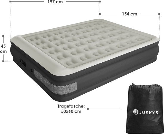 Juskys Lit gonflable autogonflant Sapri L - Gris - 197 x 154 x 45 cm - Sac de rangement inclus
