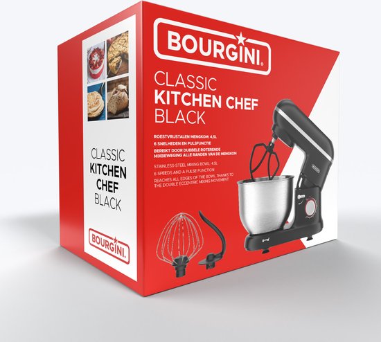 Bourgini Classic Kitchen Chef Robot de cuisine - 4.5L Bol de mixage - Mixeur de cuisine - Robot de cuisine - 1300W- Noir