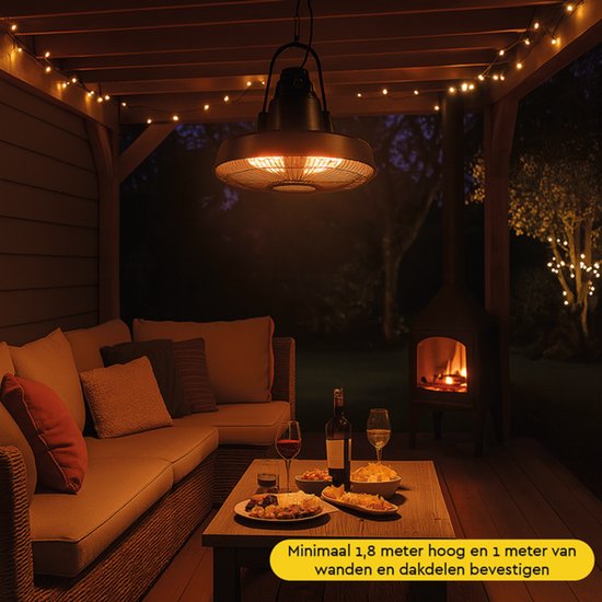 BRASQ Retro Chauffe-terrasse électrique suspendu - 3 niveaux de chaleur - avec télécommande - IP24 - étanche - intérieur et extérieur - 2000 W