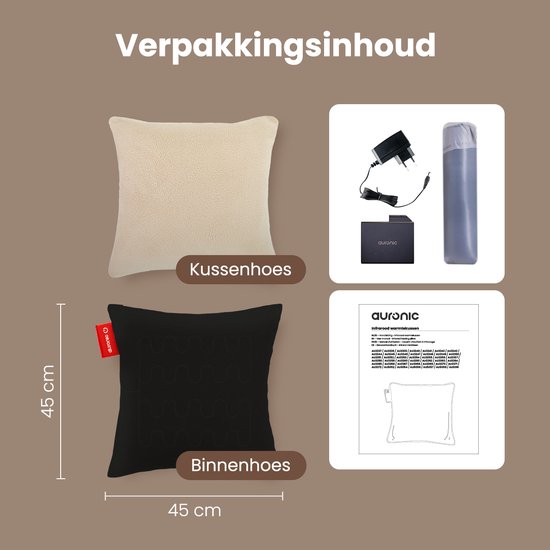 Auronic Heat Pillow - Sherpa Fleece - 45x45 - Sans fil - Rechargeable - Oreiller électrique - Infrarouge - Beige
