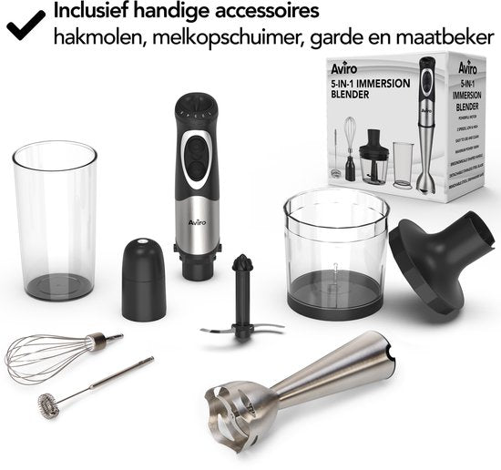 Aviro 6-in-1 Hand Blender Set - 1000W - 20 Speeds - Chopper, Milk Frother, Whisk & Measuring Cup - stainless steel