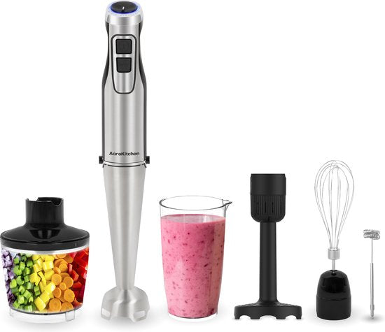Pied mixeur - AoraKitchen - Set de 6 Piece - 1000W - Turbo - Mousseur à lait - Hachoir - Verre doseur - Fouet