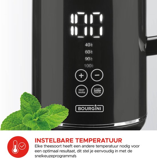 Bouilloire numérique Bourgini Cool Touch - 1.7L - Noir