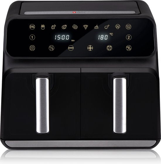 alpina Double Airfryer XL 8L - Friteuse à air chaud pour 4 à 8 personnes - Capacité 2x4L - Affichage digital - Friteuse à air 1700 W - Fonction Sync Finish - Noir