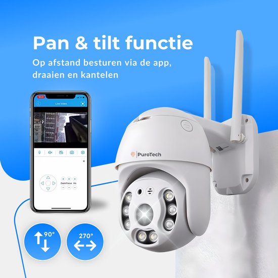 PuroTech Security Camera Core - Caméra extérieure avec vision nocturne - Caméra de sécurité extérieure filaire - Rotative et inclinable - Avec Wifi et app - 3MP - Blanc