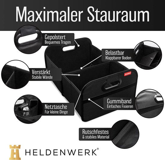 HELDENWERK sac de coffre pliable et stable - sac de rangement de coffre pour un rangement pratique - coffre de voiture pliable, coffre de coffre (noir)