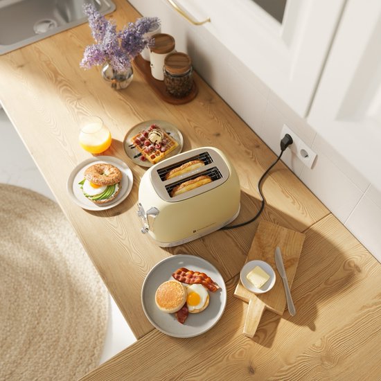 KitchenBrothers Retro Toaster - Grille-pain - 6 niveaux de chaleur - 2 fentes extra-larges - 815W - Beige