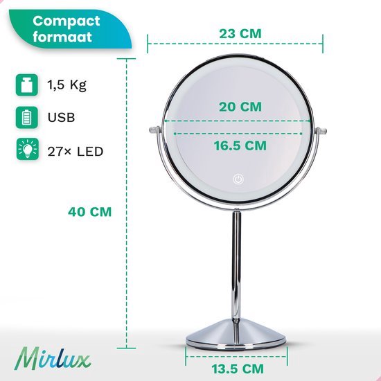 Mirlux Miroir de maquillage avec éclairage LED - lumière grossissante 10x - miroir de rasage petit sur pied - 3 niveaux d'éclairage - rechargeable - miroir grossissant chromé