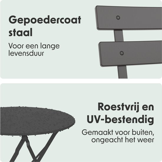 LifeGoods Set Bistro - Acier - 3 pièces - Set de jardin - Pliable - Set de balcon avec table - Résistant aux intempéries - Gris foncé