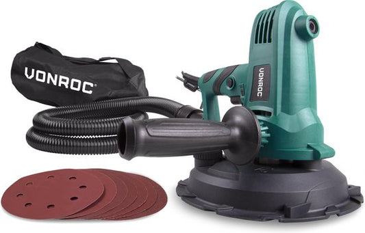 VONROC Ponceuse - 750W - Ø180MM - Plafond et mur - Tuyau et sac de collecte de poussière inclus
