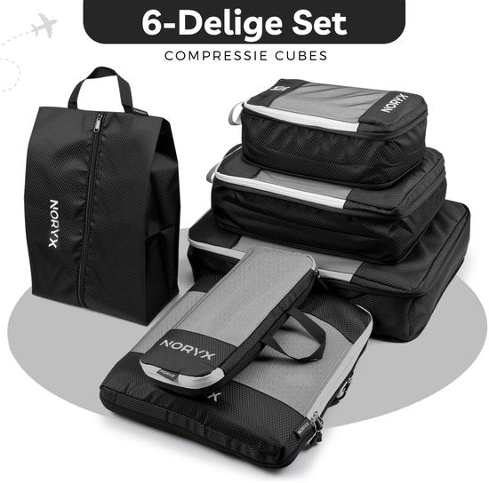 Noryx Packing Cubes 6-Piece Set - With Compression Zips - Suitcase & Backpack Organiser Set - Travel Compression - Luggage Organisers - Compression Clothing Cube