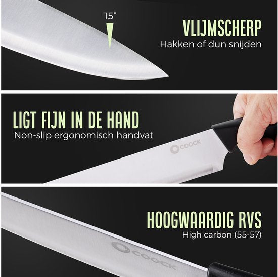 COOCK - Set de couteaux avec bloc et planche à découper pliante - Couteaux de cuisine - Ciseaux - Acier à aiguiser (Aiguiseur de couteaux) - Set d'ustensiles de cuisine 15 pièces dans un bloc à couteaux - Avec revêtement résistant aux rayures - Acier inox