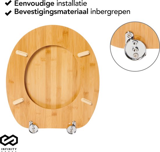 Infinity Goods Bamboo Toilet Seat Emmy - Siège de toilette avec couvercle - Charnières en acier inoxydable - Quincaillerie de fixation incluse