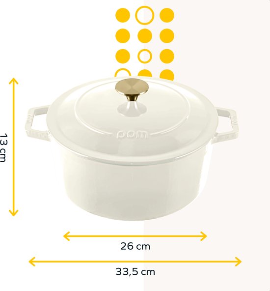 MOA Casserole en fonte - 5,7L - Pour toutes les sources de chaleur y compris l'induction - Avec couvercle - Ø 26cm - Revêtement antiadhésif - Blanc
