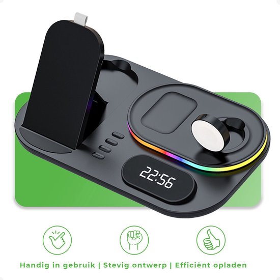 iSetchi Wireless Qi Charger 15 Watt Fast Charger (4-in-1) - Avec adaptateur Quick Charge 3.0, horloge LED et lampe LED - Station de charge Qi