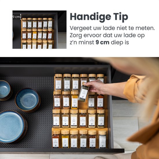 Organess Spice Rack Drawer - 4 Layer - For 28 Spice Jars - Bamboo - Spice Organiser - Kitchen Drawer Organiser