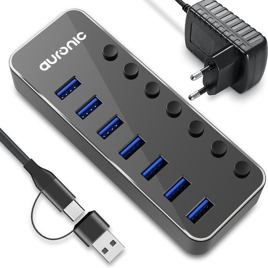 Auronic USB Hub 3.0 - Répartiteur USB avec 7 ports - avec alimentation - 5 GBP - Indication Led - Noir