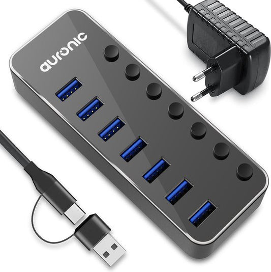 Auronic USB Hub 3.0 - Répartiteur USB avec 7 ports - avec alimentation - 5 GBP - Indication Led - Noir