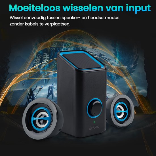 Haut-parleurs pour PC - Avec Bluetooth 5.0 - Haut-parleurs d'ordinateur - Haut-parleurs pour PC - USB-C et USB-A - Ensemble complet de 3 pièces - Ensemble de haut-parleurs - Noir et bleu - Faas