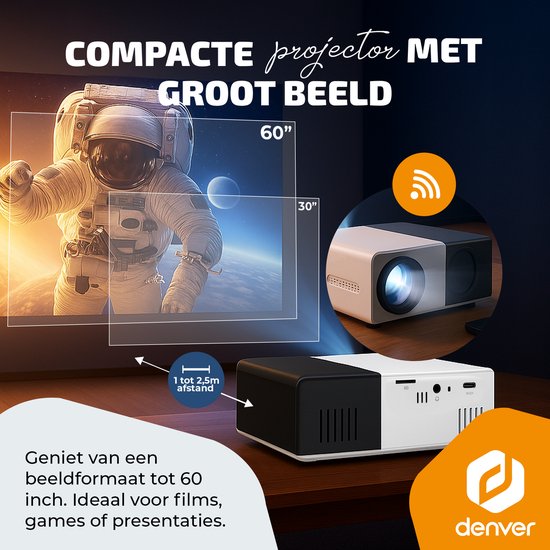 Denver Mini Beamer - Full HD 1920*1080P - 30 ANSI Lumen - Projecteur - Home Cinema - HDMI - USB-C - PR1000