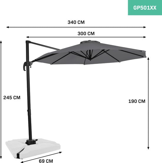 VONROC Premium Floating Parasol Bardolino Ø300cm - Base transversale et housse de protection incluses - Parasol rond - Orientable sur 360° - Inclinable - Toile résistante aux UV - Gris