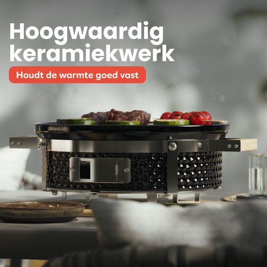 KitchenBrothers Kamado Hibachi Grill - Sans PFAS - Barbecue au charbon de bois - Shichirin Table Grill - Round BBQ - Barbecue en céramique - Noir