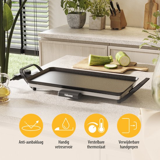 Tristar Plaque de gril BP-2667 - Gril de table M : 46 x 26 cm - Pour l'intérieur et l'extérieur - Sans BPA - Gril gourmet pour la table - 4 à 6 personnes - Avec thermostat réglable - Revêtement antiadhésif - Noir