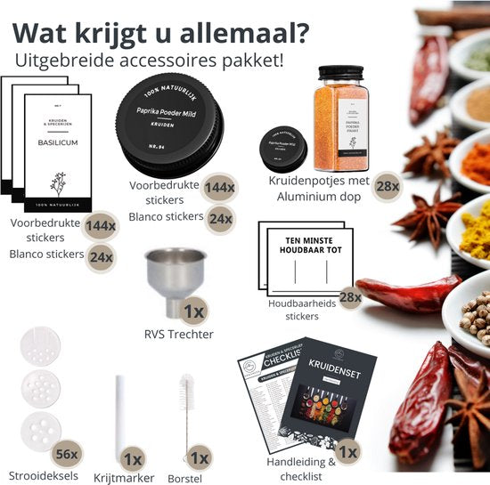 Organess 28 pots à épices en verre carrés avec couvercle noir - 3 types de couvercles à saupoudrer - Spice Spreader - pots à épices - set complet avec stickers à épices, stick à craie et accessoires - 120ml