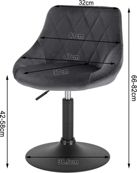 Rootz Tabouret de bar en velours - Chaise de comptoir - Siège réglable - Tabouret pivotant - Tabouret de salon - Tabouret rembourré - Chaise de cuisine - Gris foncé - 22.0x19.3x15.7 pouces