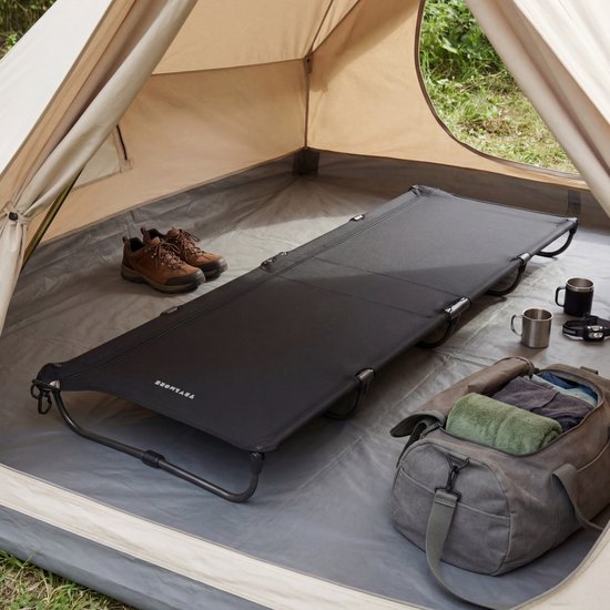 TRVLMORE Lit de Camp pliable - Capacité de charge 120KG - Lit de camping avec sac de transport - Brancard 1 personne - Structure en acier - 193x66x15 cm - Noir