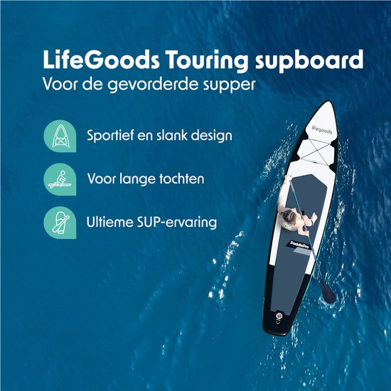 LifeGoods SUP Board Touring - Capacité de charge 165 KG - 365 x 76 cm - Gonflable - Pack Sup complet - Blanc/Noir