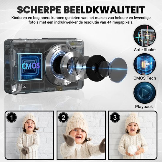 Appareil photo numérique K&L - Caméra photo - Caméra compacte - Caméra Vlog - Pour les enfants - Comprend 32GB - NL Software