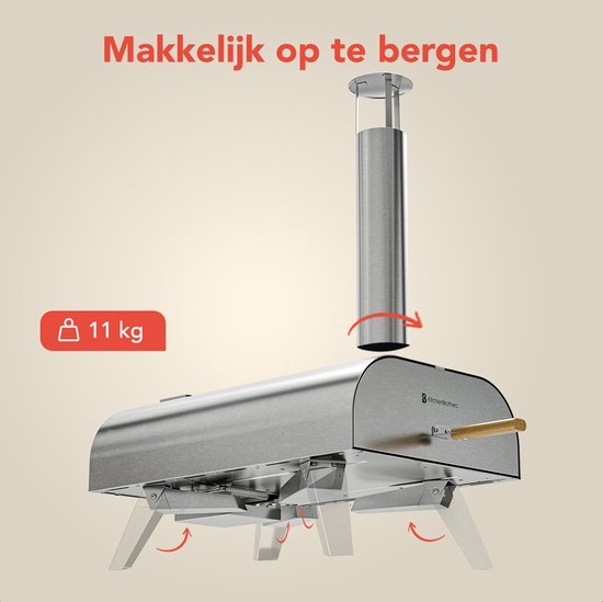 KitchenBrothers Four à Pizza - au feu de bois - de table - avec couvercle protecteur - pliable - pierre à pizza - jusqu'à 460°C - acier inoxydable - set complet - four à pizza d'extérieur - acier inoxydable