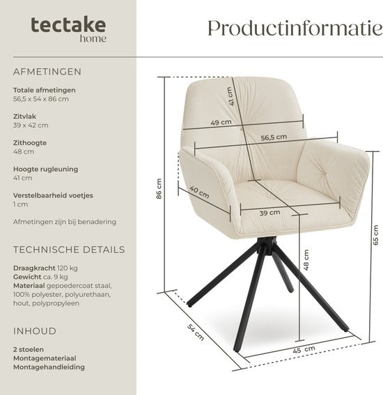tectake® Chaise pivotante Lenia - Lot de 2 chaises pivotantes avec accoudoir - Chaise de salle à manger pivotante - Fauteuils pivotants - Tapissé - Velours aspect crème/noir