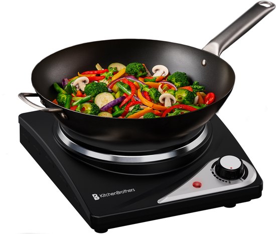 KitchenBrothers Table de cuisson électrique - 1 brûleur - pose libre - 7 niveaux de température - 1500W - Noir