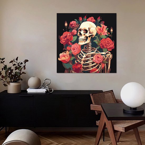 Rubye® Peinture à numéro adultes - Peinture à numéro enfants - Squelette et roses - peinture et pinceaux inclus - Toile à peindre - Couleurs à numéro - 30x30cm