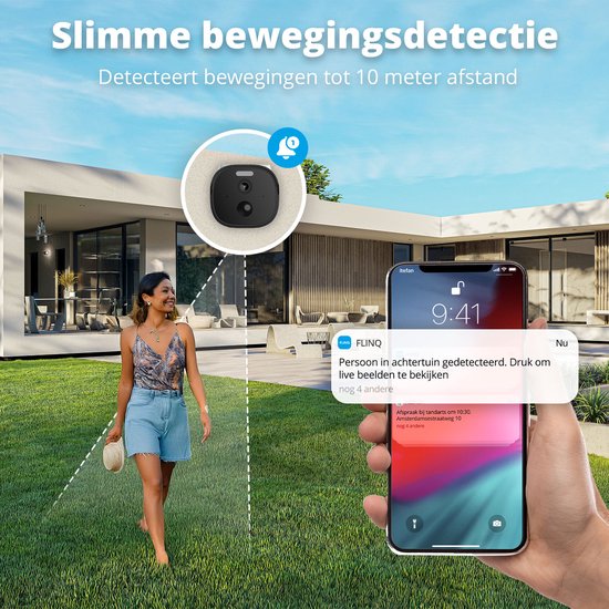 FlinQ Smart Security Camera Sentinel - USB & Solar Rechargeable - Caméra extérieure avec panneau solaire - Caméra de sécurité extérieure - 2K HD - Vision nocturne