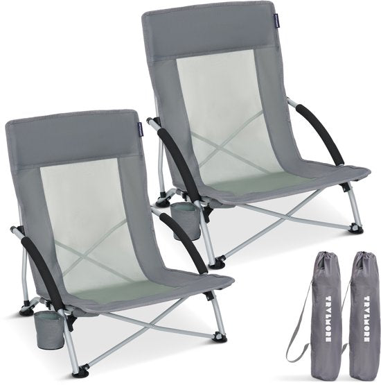 TRVLMORE Chaises de plage - Lot de 2 - Pliables et démontables - Capacité de charge de 120KG - Légères - Avec sac de transport et porte-gobelet - Gris