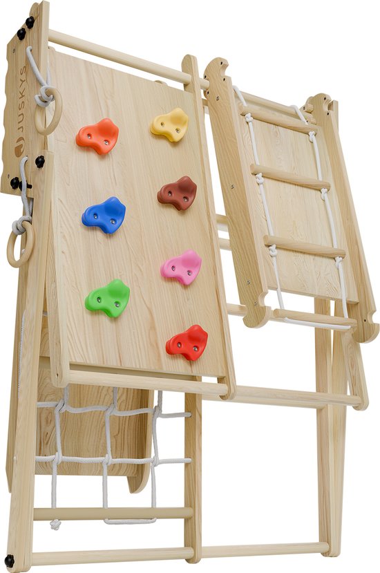 Juskys - Cadre d'escalade d'intérieur pour enfants - 102 x 98 x 100 cm & avec toboggan et mur d'escalade - équipé d'anneaux tournants et d'une échelle de corde - pliable et autoportant - bois naturel et fourré