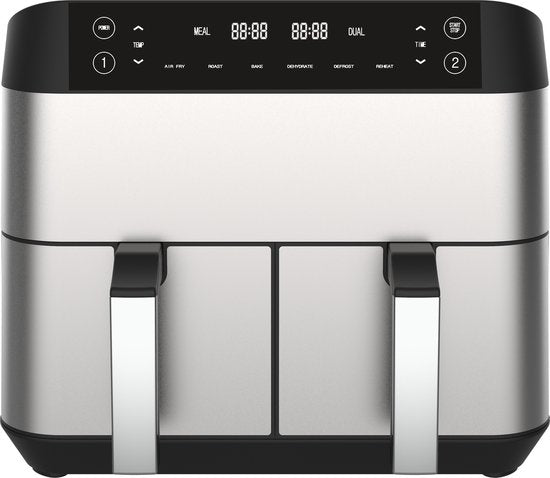 Airfryer Double XXL - Niceey - Friteuse sans huile - 2 compartiments de cuisson - 8L - 2460 Watt - Livre de recettes inclus - Argent